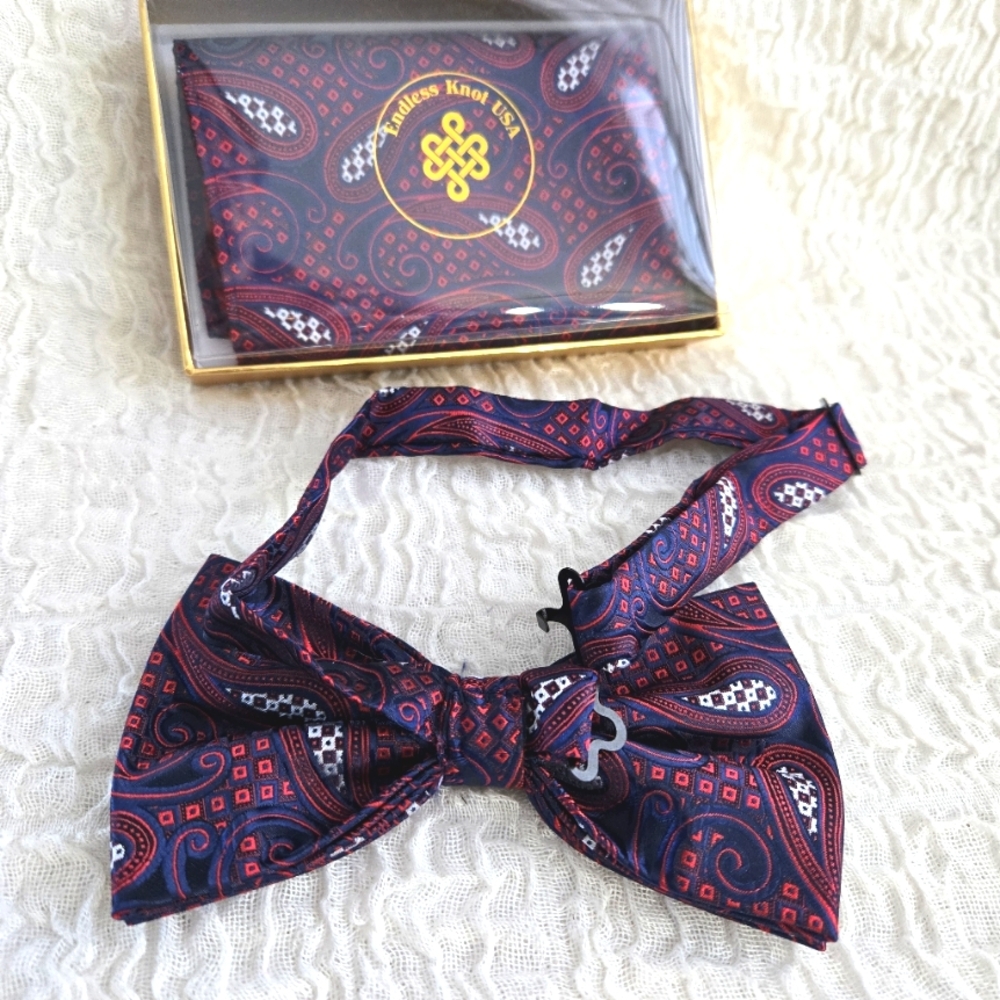 Men's Bow tie Paisley Pre-Tied Bowtie and Handkerchief Set Wedding Formal Party - Picture 4 of 6